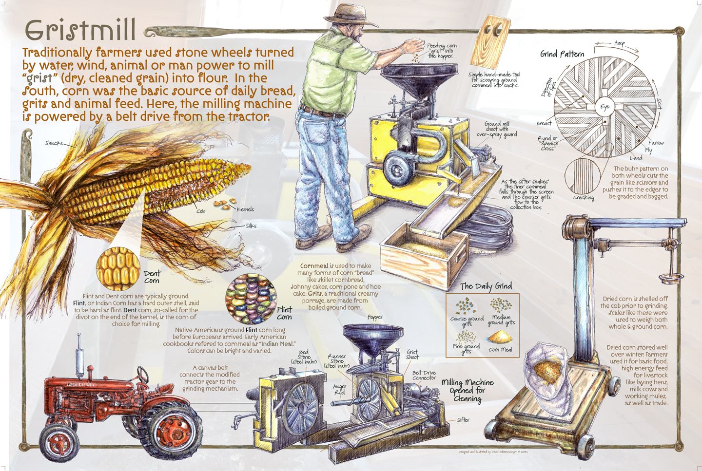 Illustrated interpretive panel, Gristmill, showing an ear of dent corn, a man feeding corn into a yellow mill hopper, a red Farmall tractor driving the mill by belt, a diagram of the grinding stone pattern, and samples of coarse and fine cornmeal.